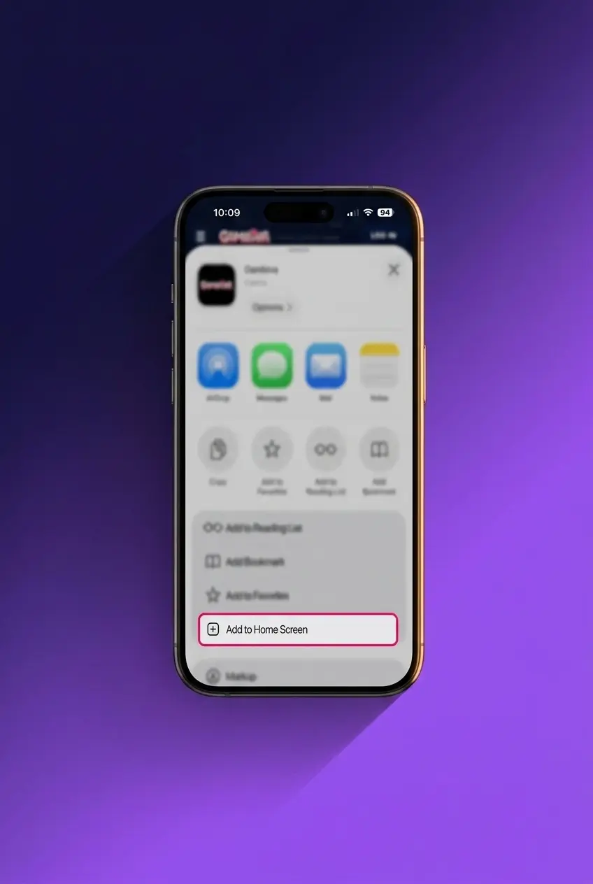 Gambiva iOS PWA installation guide showing steps to add the app to iPhone or iPad home screen via Safari