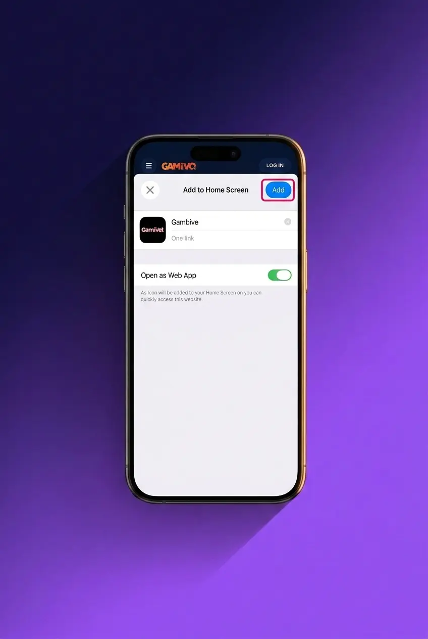 Gambiva iOS PWA installation steps on iPhone showing Safari share menu and Add to Home Screen option
