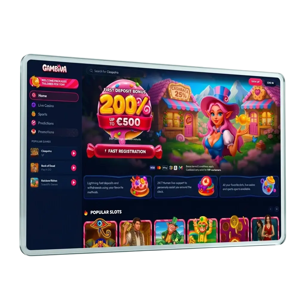 Gambiva online casino welcome bonus up to 1,000 GBP for UK players including slots, live casino and sports betting