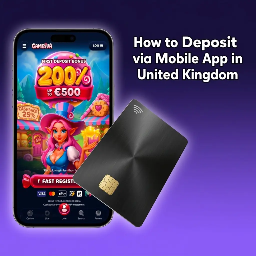 Gambiva mobile app deposit screen showing payment methods including Visa, Mastercard, Skrill and crypto for UK players